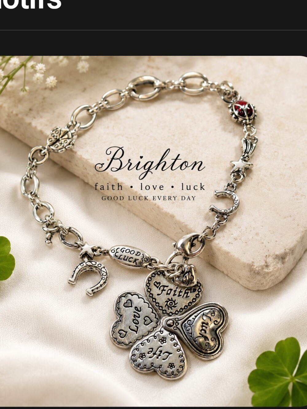 Brighton Faith Love Luck Four Leaf Clover Charm Bracelet Silver Tone